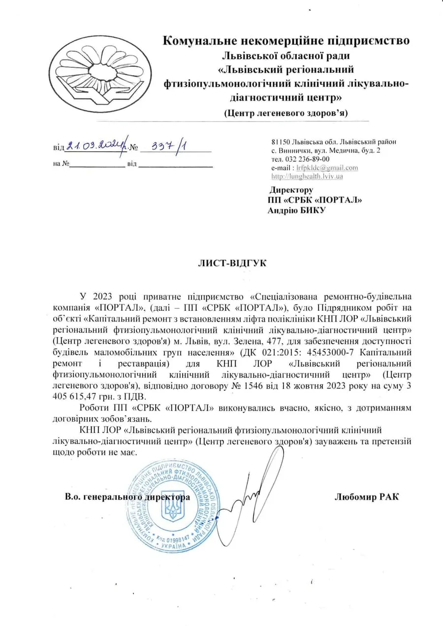 Лист-відгук: КНП Львівської обласної ради «Львівський регіональний фтизіопульмонологічний клінічний лікувально-діагностичний центр» (Центр легеневого здоров’я)